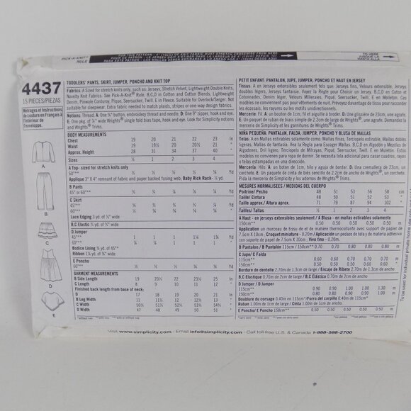 NEW UNCUT Simplicity Sewing Pattern 4437 Girls Poncho Dress Skirt Top Pants Sz A - Picture 2 of 2
